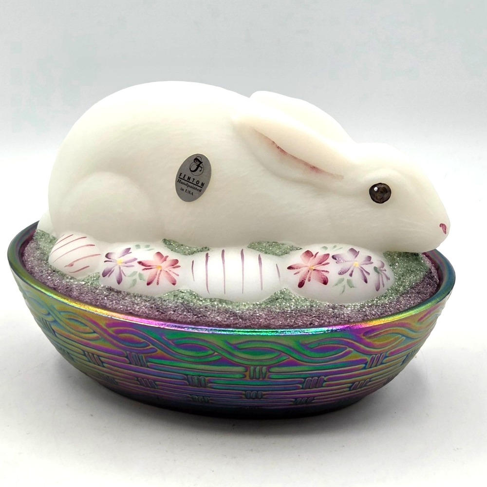 FENTON  COVERED EASTER BUNNY DISH Irridescent Nest HAND PAINTED SIGNED by ARTIST